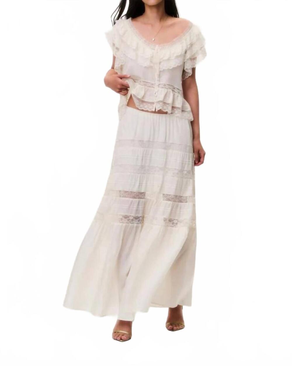 NEW LOVESHACKFANCY women's nivine silk lace maxi skirt in white